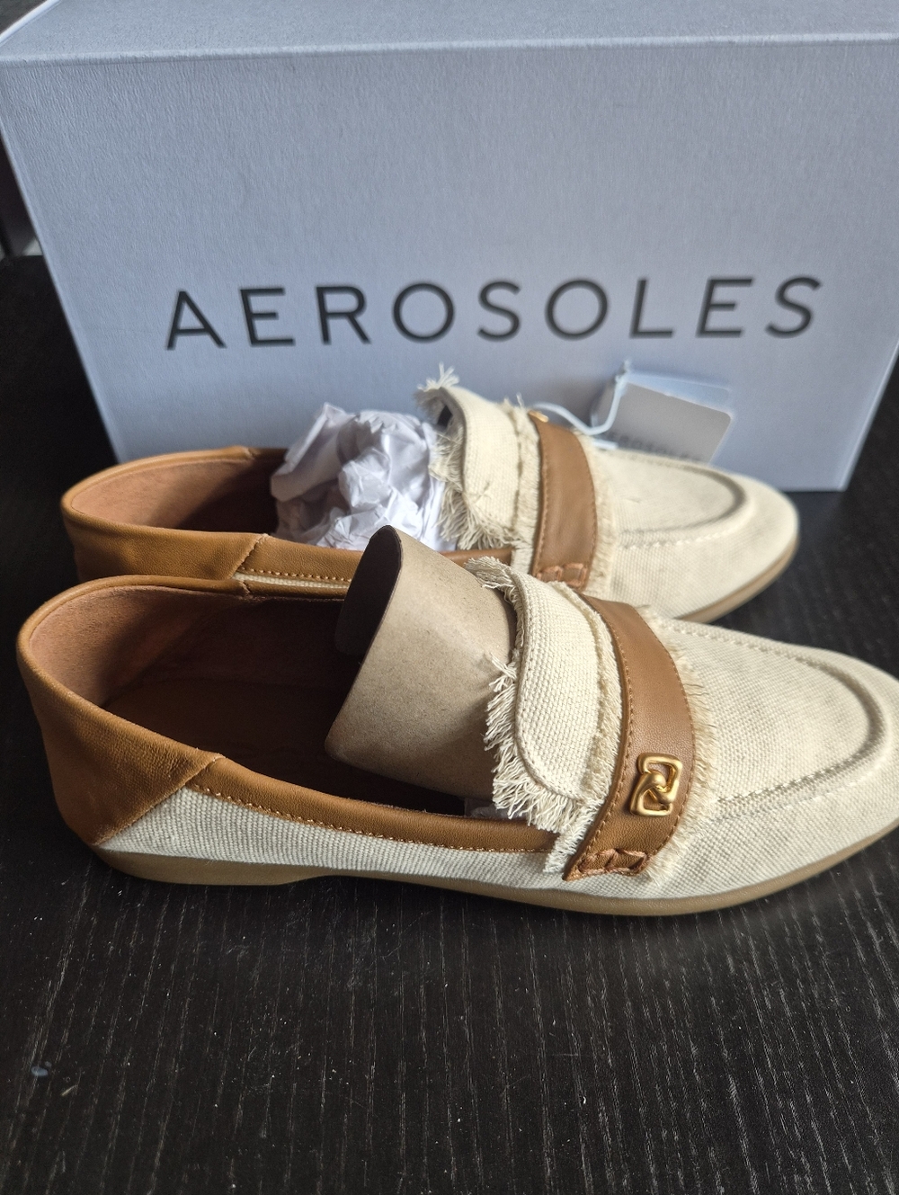 AEROSOLES Cream and Tan Canvas Slip-On Loafers